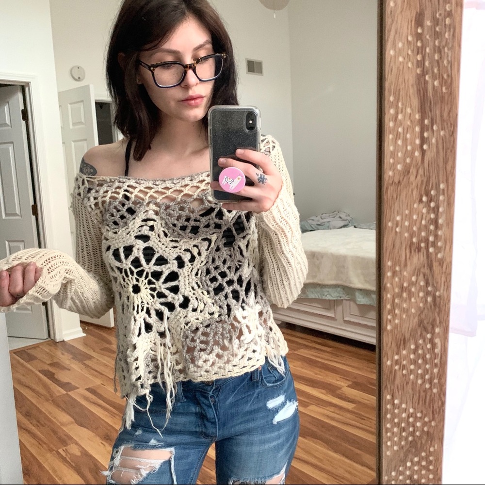 FREE PEOPLE Floral Knit Off Shoulder Sweater